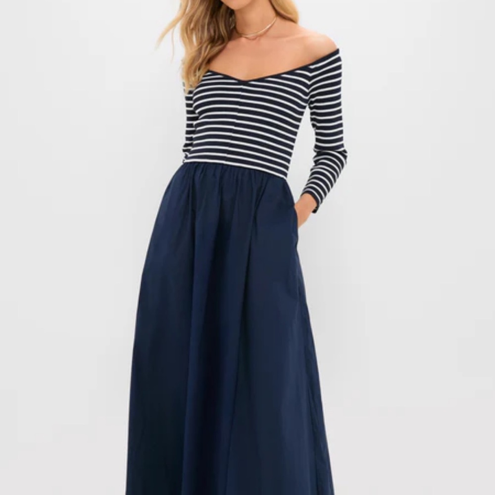 Tuckernuck Navy and White Off-Shoulder Striped Top with Navy Maxi Skirt